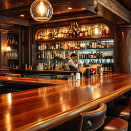 A beautifully detailed bar counter (barra de bar) in a rustic yet modern bar setting, featuring polished wooden tops, intricate carvings, and a row of various bottles arranged artfully behind it
