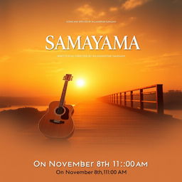 A stunning movie poster depicting a beautiful sunset that casts a warm golden glow over a serene bridge