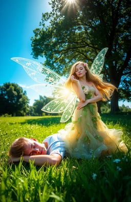 A young man peacefully asleep in a lush green meadow under a bright blue sky
