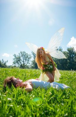 A young man peacefully asleep in a lush green meadow under a bright blue sky