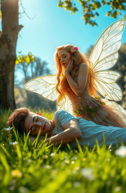 A young man peacefully asleep in a lush green meadow under a bright blue sky