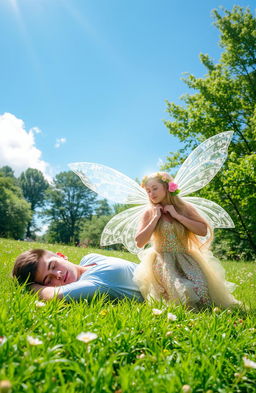 A young man peacefully asleep in a lush green meadow under a bright blue sky