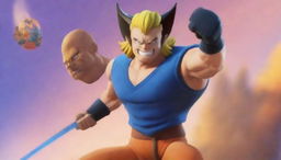 Design a 32k ultra-HD, Fortnite-themed YouTube thumbnail, highlighting a dynamic close-up of Wolverine and Goku.