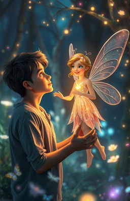 A young man in a fantastical dream, meeting a beautiful fairy