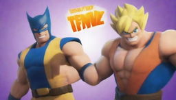 Design a 32k ultra-HD, Fortnite-themed YouTube thumbnail, highlighting a dynamic close-up of Wolverine and Goku.