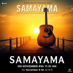 A movie poster featuring a beautiful sunset casting a warm glow over a tranquil bridge, creating a serene and golden atmosphere
