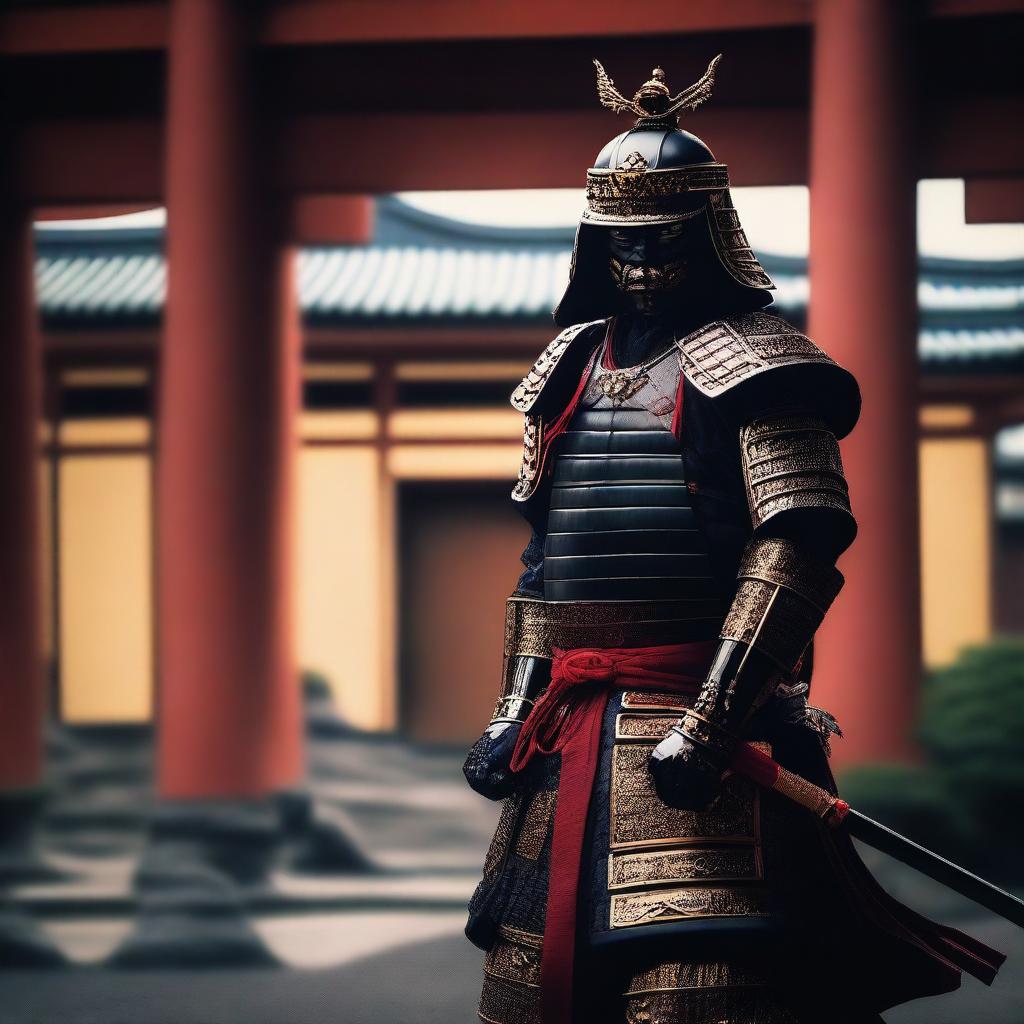 Generate an image of a royal samurai, clothed in striking black armor with red and gold accents