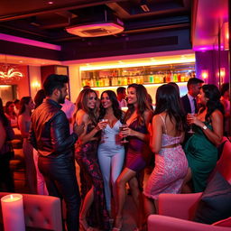 A vibrant and elegant swinger party scene, featuring a stylish, upscale setting with modern decor