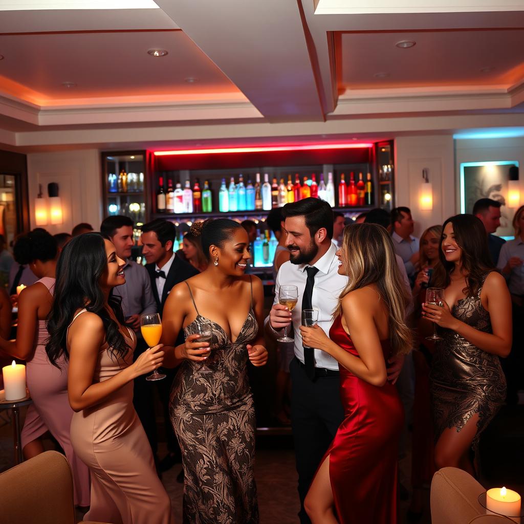 A vibrant and elegant swinger party scene, featuring a stylish, upscale setting with modern decor