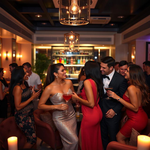 A vibrant and elegant swinger party scene, featuring a stylish, upscale setting with modern decor