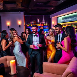 A vibrant and elegant swinger party scene, featuring a stylish, upscale setting with modern decor