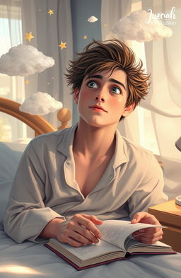 A young man waking up from a dream, with a look of wonder and curiosity on his face