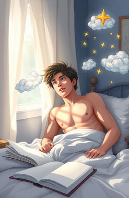 A young man waking up from a dream, with a look of wonder and curiosity on his face