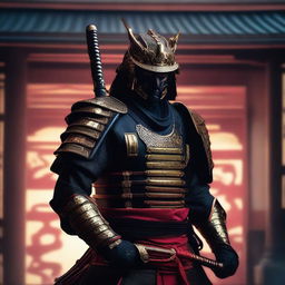 Generate an image of a royal samurai, clothed in striking black armor with red and gold accents