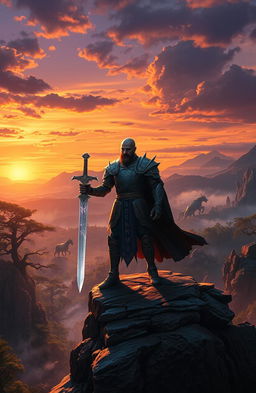 An epic fantasy landscape depicting 'The Chosen One', a heroic figure standing on a rocky cliff overlooking a vast, enchanted valley filled with mythical creatures