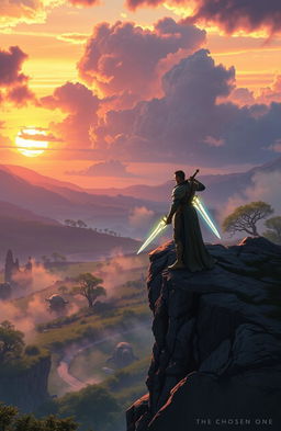 An epic fantasy landscape depicting 'The Chosen One', a heroic figure standing on a rocky cliff overlooking a vast, enchanted valley filled with mythical creatures