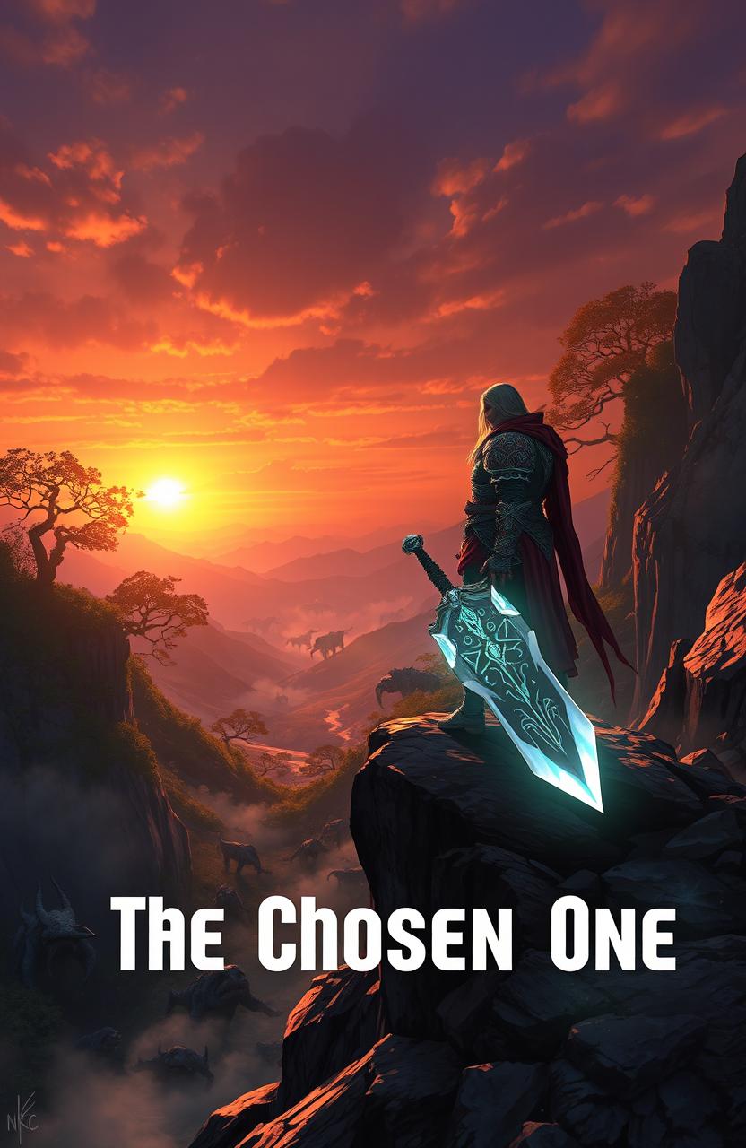 An epic fantasy landscape depicting 'The Chosen One', a heroic figure standing on a rocky cliff overlooking a vast, enchanted valley filled with mythical creatures