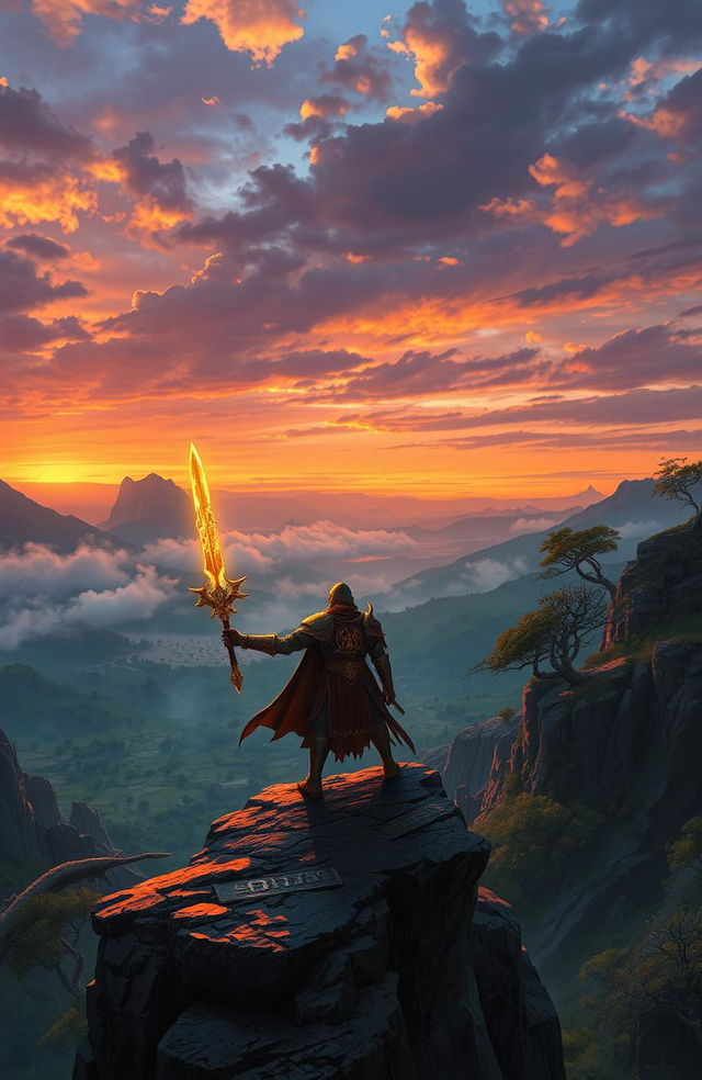 An epic fantasy landscape depicting 'The Chosen One', a heroic figure standing on a rocky cliff overlooking a vast, enchanted valley filled with mythical creatures