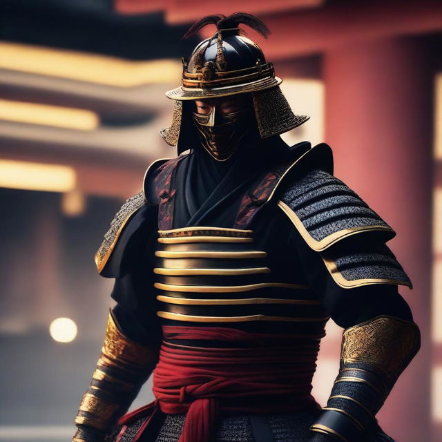 Generate an image of a royal samurai, clothed in striking black armor with red and gold accents