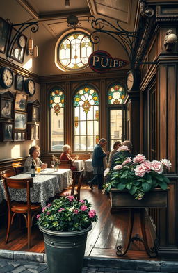 An artistic interpretation of a vintage scene, showcasing an old-fashioned café with classic wooden furniture and intricate lace tablecloths