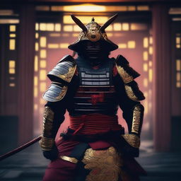 Generate an image of a royal samurai, clothed in striking black armor with red and gold accents