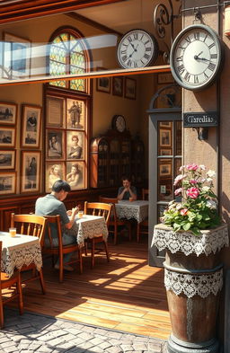 An artistic interpretation of a vintage scene, showcasing an old-fashioned café with classic wooden furniture and intricate lace tablecloths