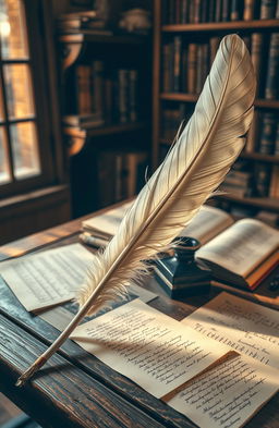 A vintage scene depicting an elegant quill pen resting on an old wooden desk, surrounded by scattered handwritten poetry papers and inkwell