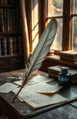 A vintage scene depicting an elegant quill pen resting on an old wooden desk, surrounded by scattered handwritten poetry papers and inkwell