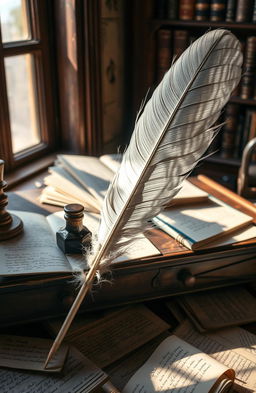 A vintage scene depicting an elegant quill pen resting on an old wooden desk, surrounded by scattered handwritten poetry papers and inkwell