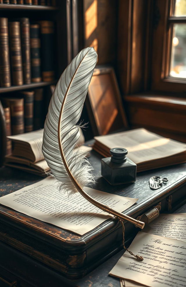 A vintage scene depicting an elegant quill pen resting on an old wooden desk, surrounded by scattered handwritten poetry papers and inkwell