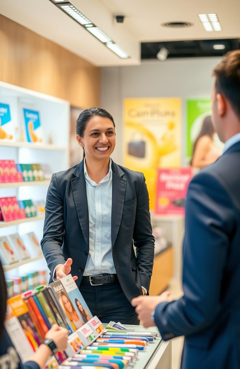 A charismatic salesperson in a modern retail environment, confidently engaging with a customer