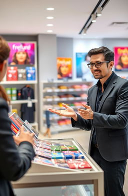 A charismatic salesperson in a modern retail environment, confidently engaging with a customer