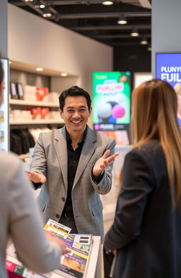A charismatic salesperson in a modern retail environment, confidently engaging with a customer