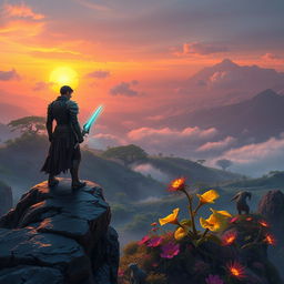 An epic fantasy landscape depicting 'The Chosen One', a heroic figure standing on a rocky cliff overlooking a vast, enchanted valley filled with mythical creatures and a giant, glowing plant in the foreground