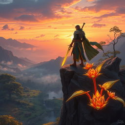 An epic fantasy landscape depicting 'The Chosen One', a heroic figure standing on a rocky cliff overlooking a vast, enchanted valley filled with mythical creatures and a giant, glowing plant in the foreground