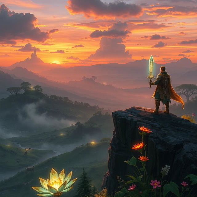 An epic fantasy landscape depicting 'The Chosen One', a heroic figure standing on a rocky cliff overlooking a vast, enchanted valley filled with mythical creatures and a giant, glowing plant in the foreground