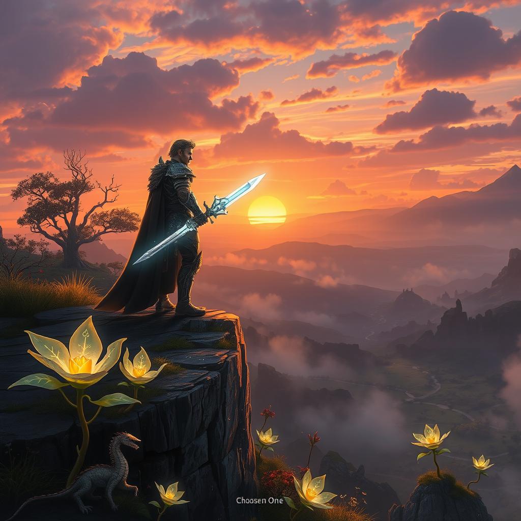 An epic fantasy landscape depicting 'The Chosen One', a heroic figure standing on a rocky cliff overlooking a vast, enchanted valley filled with mythical creatures and a giant, glowing plant in the foreground