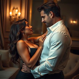 An intimate and romantic scene depicting two adults in a luxurious setting, exuding passion and affection