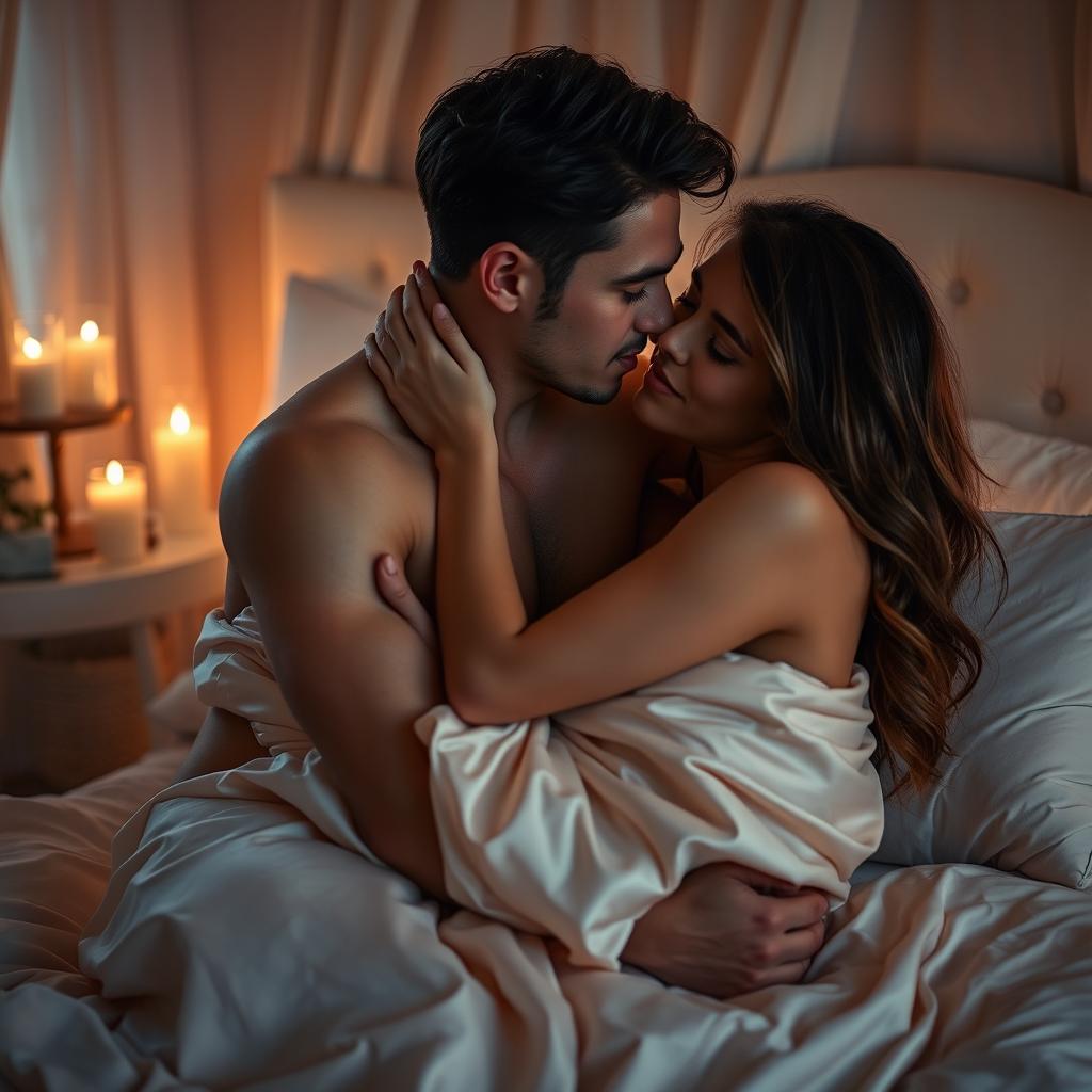 A sensual and intimate scene featuring a couple passionately embracing each other, wrapped in silky sheets within a softly lit bedroom