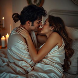 A sensual and intimate scene featuring a couple passionately embracing each other, wrapped in silky sheets within a softly lit bedroom