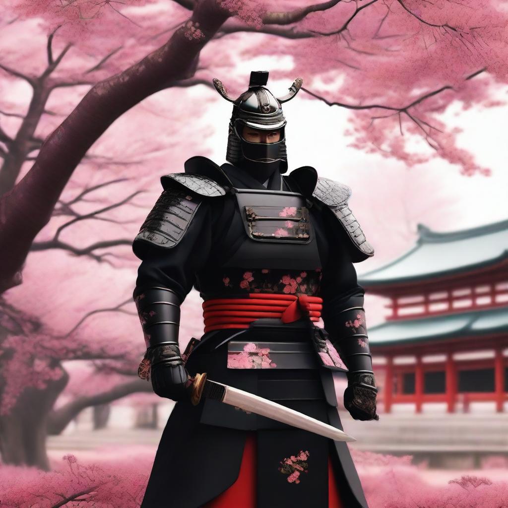 Generate an image of a royal samurai in sleek black armor adorned with striking red accents