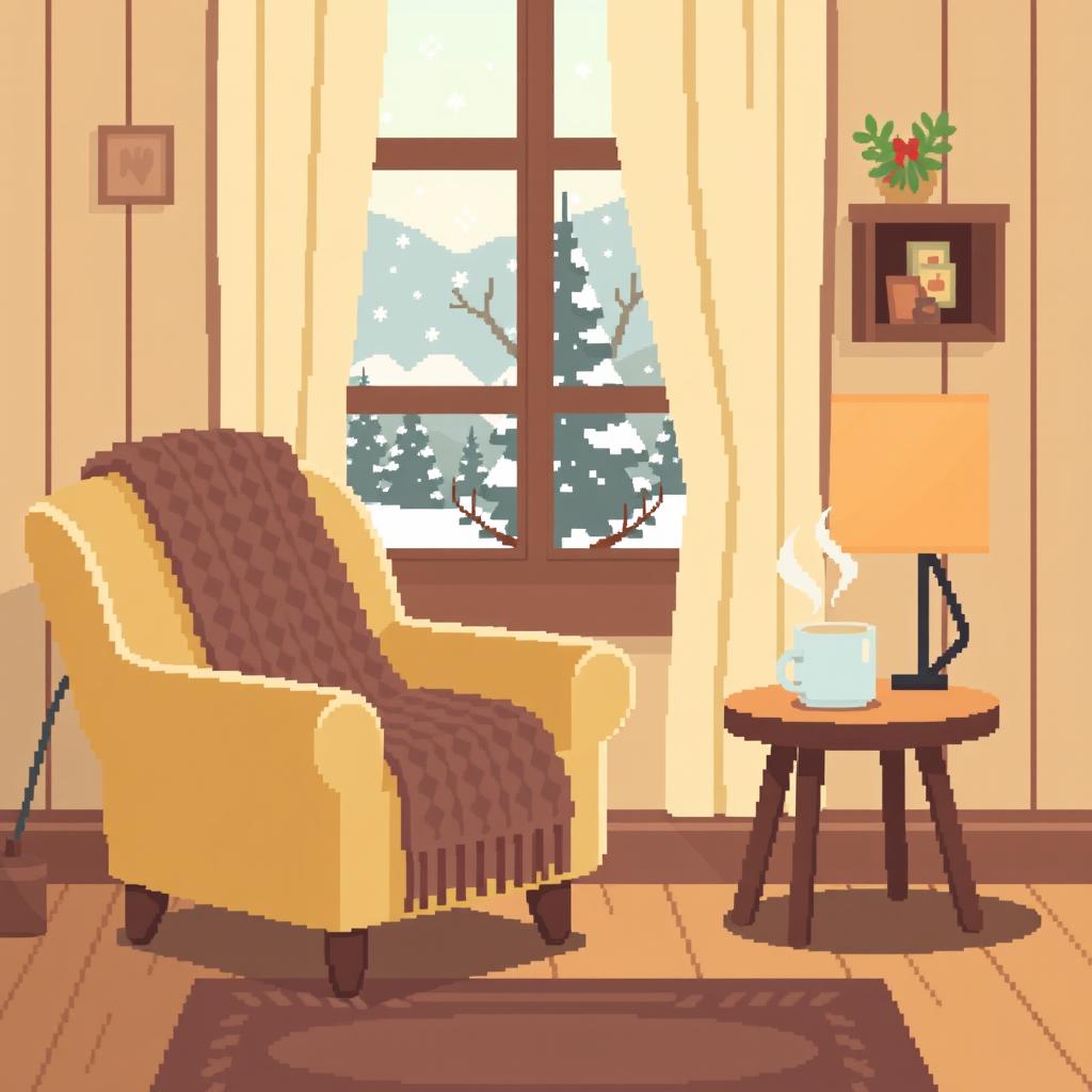 A cozy pixel art panel illustrating a warm and inviting room