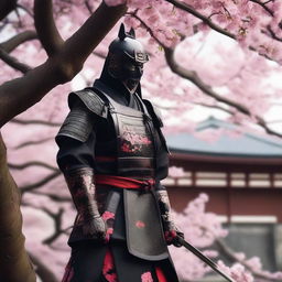 Generate an image of a royal samurai in sleek black armor adorned with striking red accents