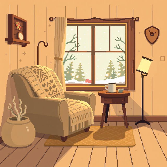 A cozy pixel art panel illustrating a warm and inviting room