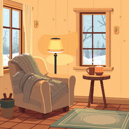 A cozy pixel art panel illustrating a warm and inviting room