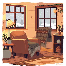 A cozy pixel art panel illustrating a warm and inviting room