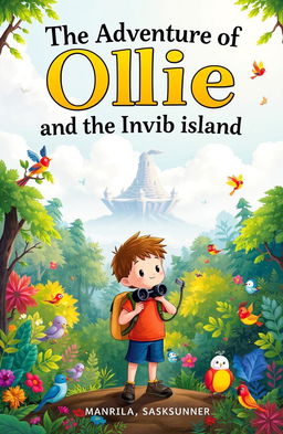 A whimsical children's book cover featuring Ollie, a curious young adventurer with a backpack and binoculars, standing on the edge of a vibrant forest