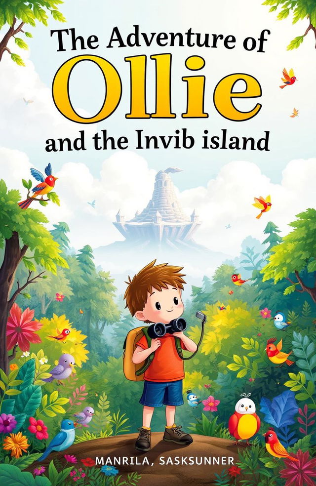 A whimsical children's book cover featuring Ollie, a curious young adventurer with a backpack and binoculars, standing on the edge of a vibrant forest