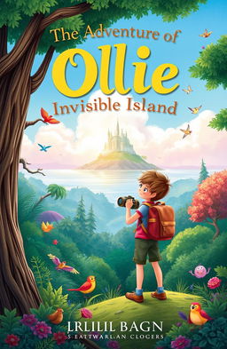 A whimsical children's book cover featuring Ollie, a curious young adventurer with a backpack and binoculars, standing on the edge of a vibrant forest
