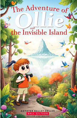 A whimsical children's book cover featuring Ollie, a curious young adventurer with a backpack and binoculars, standing on the edge of a vibrant forest